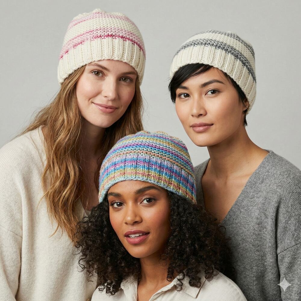 Hand Knit Beanies Lot of 3 White Gray Stripe Multi Color Cream Pink Stripe